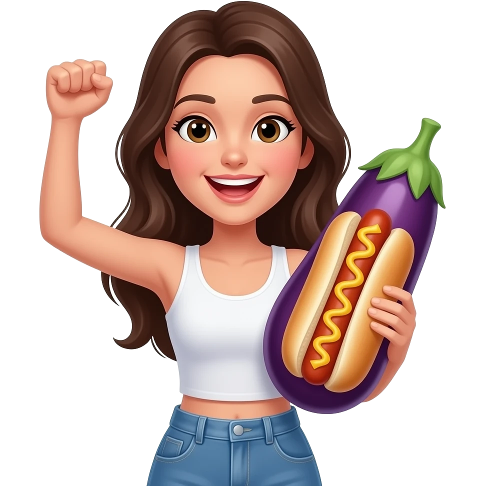 Dark haired brunette woman celebrating a win with an eggplant hot dog emoji