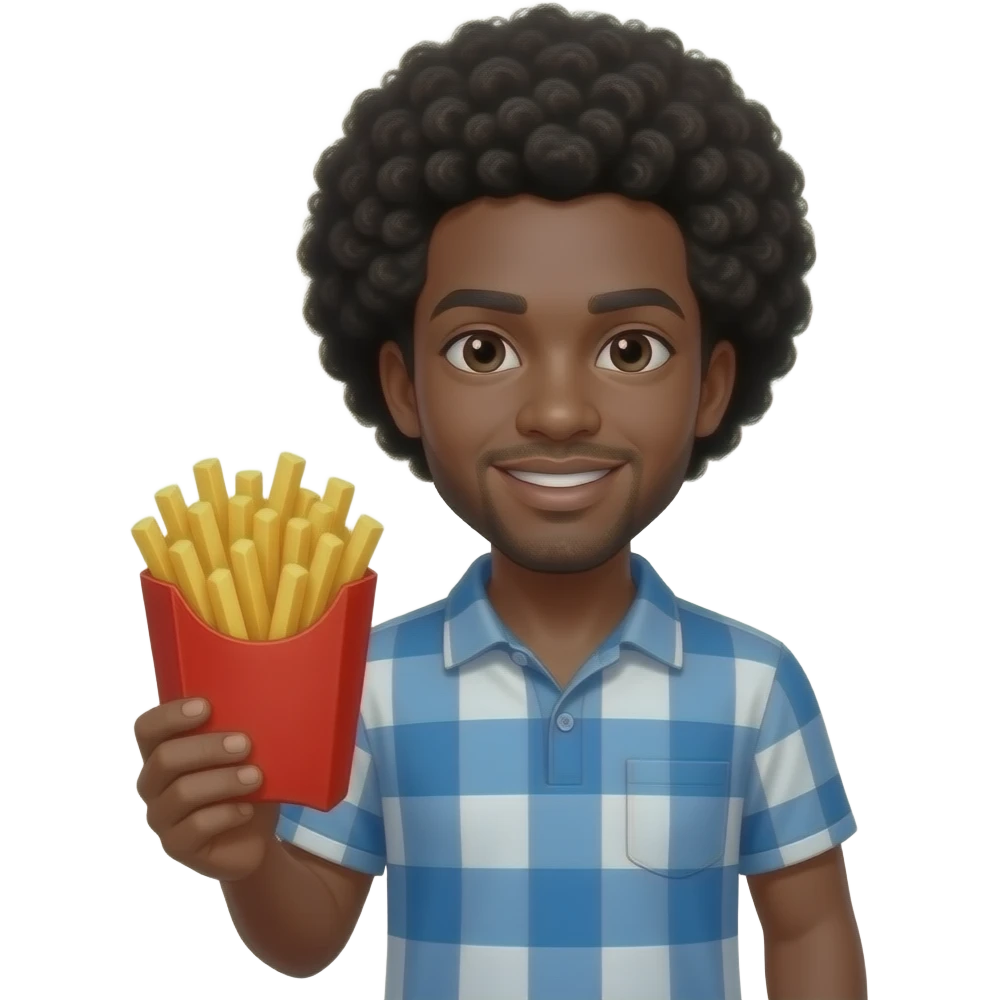 Black man holding red box of fries with an afro emoji