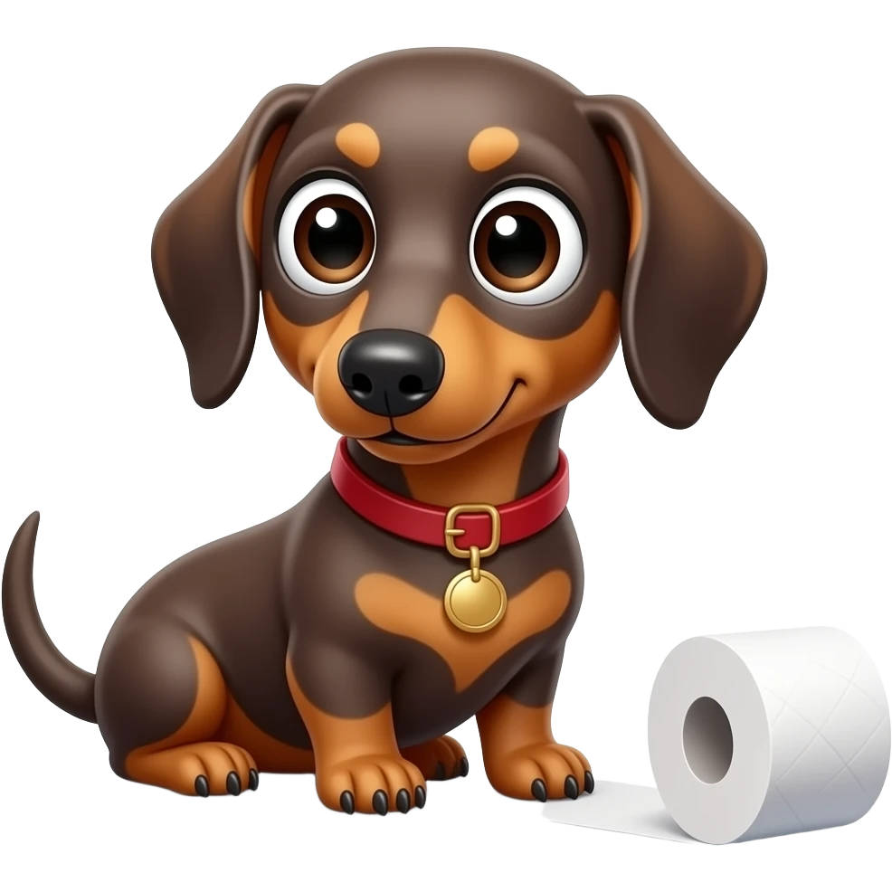 whimsical dachshund wide eyes full body sitting on a toilet paper emoji