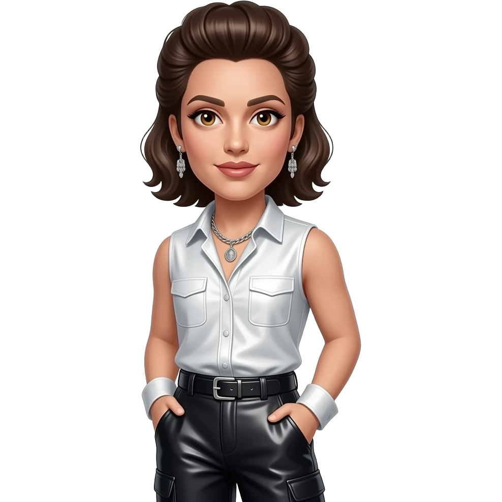 Lady Gaga as Jo Calderone with hazel eyes, dark brown Elvis hair, white metallic sleeveless shirt, black metallic baggy pants, silver necklace and earrings emoji