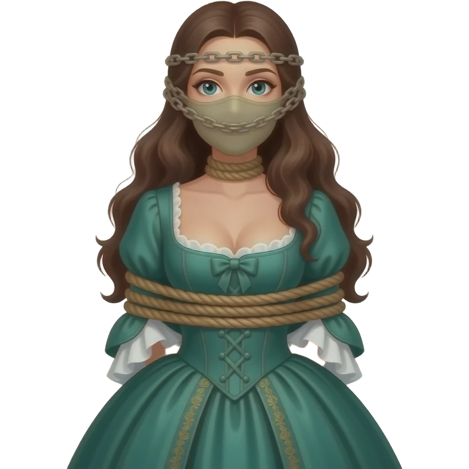 Brunette woman in emerald green 1770s gown with long flowing hair, ample bosom, gagged and bound to tall post, with rope tied just beneath bosom and another rope tied around her head at mouth level. No chains or facemask. emoji