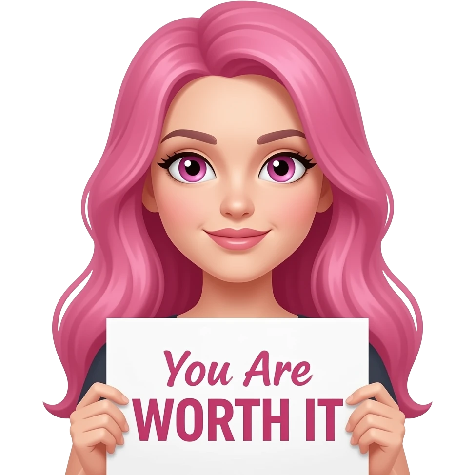 sexy girl with long pink hair and pink eyes holding You Are WORTH IT sign emoji