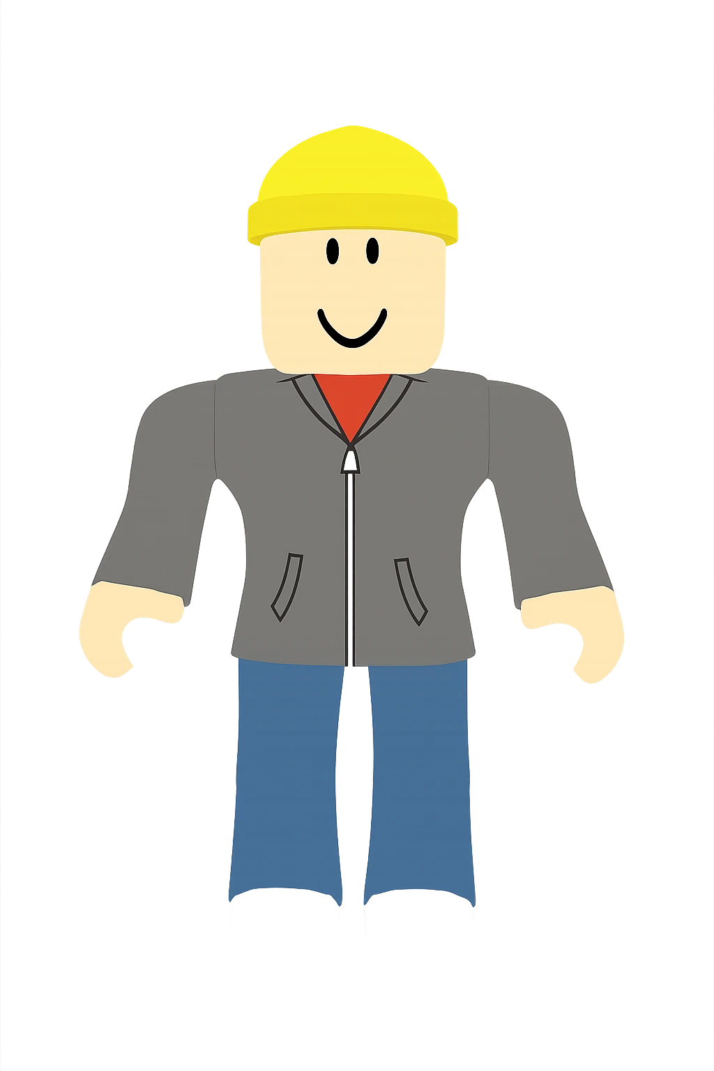 Extract only the character in a gray jacket and yellow beanie (fourth from left) from the image, place it on a transparent background, and keep the original Roblox style and appearance. emoji