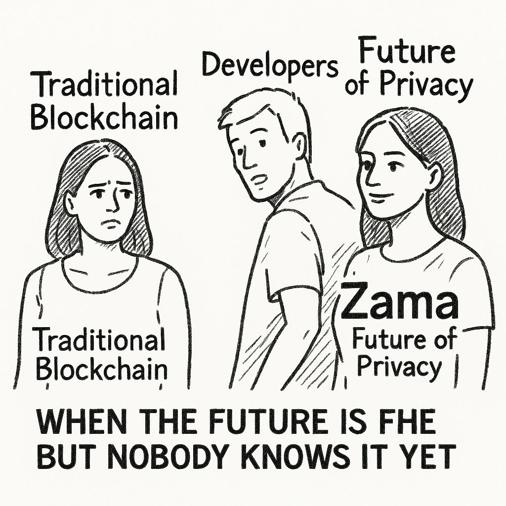 A meme in the style of 'Distracted Boyfriend' where the boyfriend is labeled 'Developers' looking back at 'Zama' while his girlfriend 'Traditional Blockchain' looks annoyed. The woman the boyfriend is looking at is labeled 'Future of Privacy'. The meme should have a caption that says 'When the future is FHE but nobody knows it yet' and feature the word 'Zama' prominently. emoji
