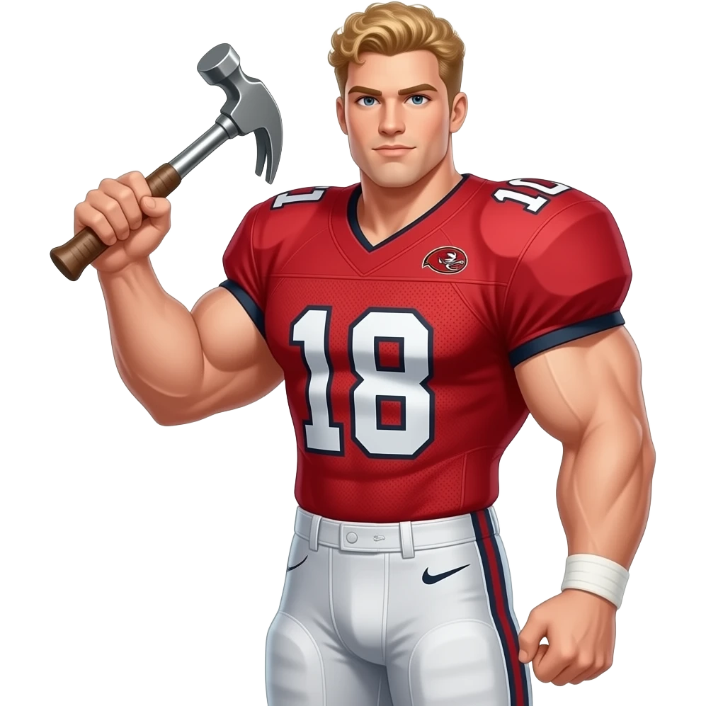 Muscle man with curly blonde hair big boobs holding hammer wearing red football jersey with 🍑  logo in shorts emoji