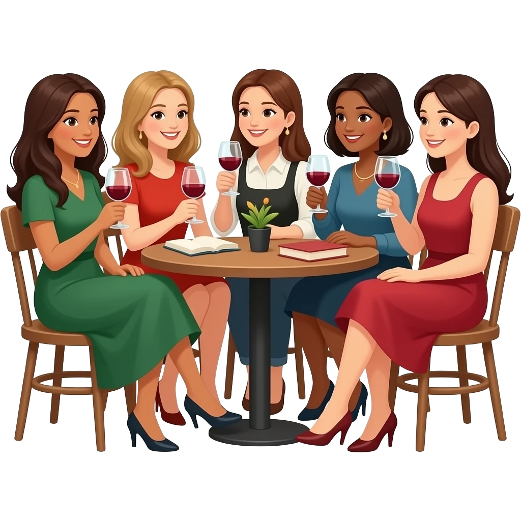 5 ladies silly book club having fun drinking wine italian emoji