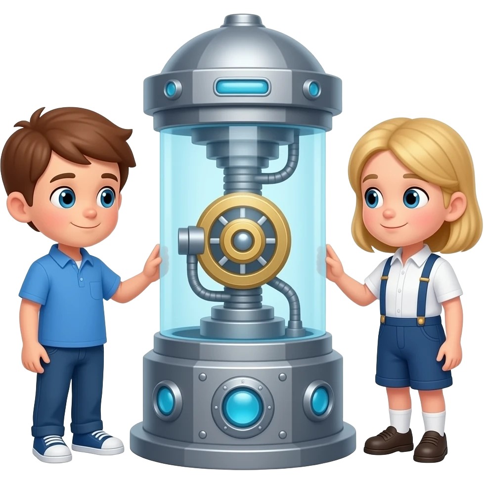 una maquina del tiempo rodeada por dos hermanos un chico i una chica los dos castanyo i la chica un poco rubia (la chica mas grande que el i con ropa blanca con tirantes) i el chico con ropa azul) los dos estan mirando la maquina realista emoji