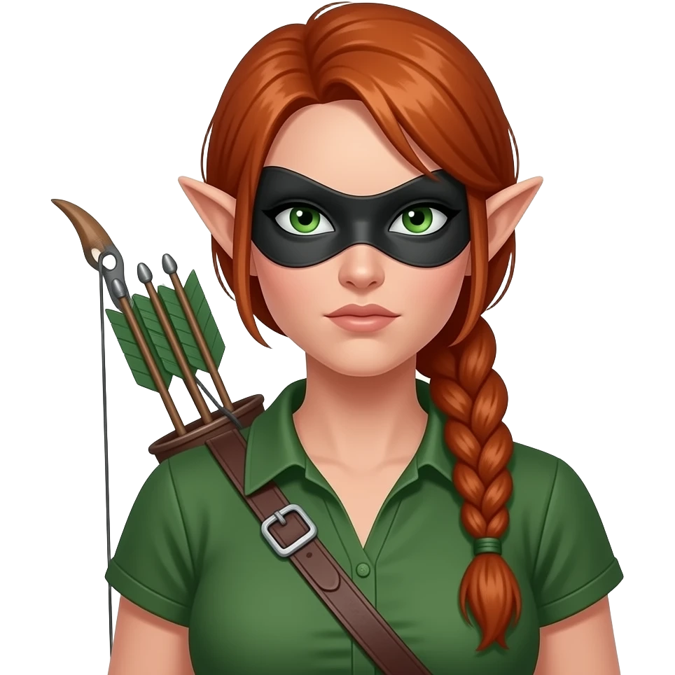 femme adulte rousse aux yeux verts, tresse haute jusque dans le dos, ressemble à une elfe, archère avec un carquois, voleuse avec un masque sombre qui cache ses yeux, tenue verte, air déterminé emoji