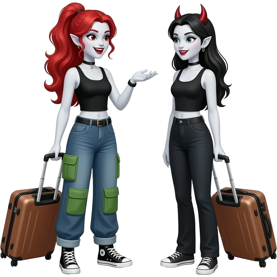 Vampiro femmina con pelle bianca e capelli rosso ondulati lunghi raccolti in una coda che indossa  dentro jeans larghi con 4 tasche verdi, un top-canottiera nero e degli anfibi corti neri e che tiene in mano una valigia e sta chiacchierando con la sua amica VAMPIRO che tiene anche lei una valigia emoji