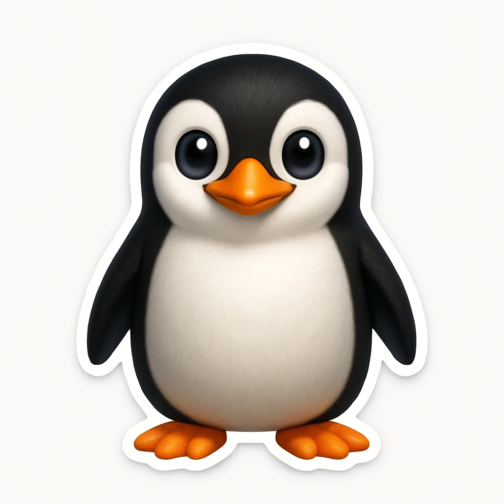 Create a penguin in the style of Apple emojis with a white background and a sticker-like border, matching the style of the reference image provided. emoji