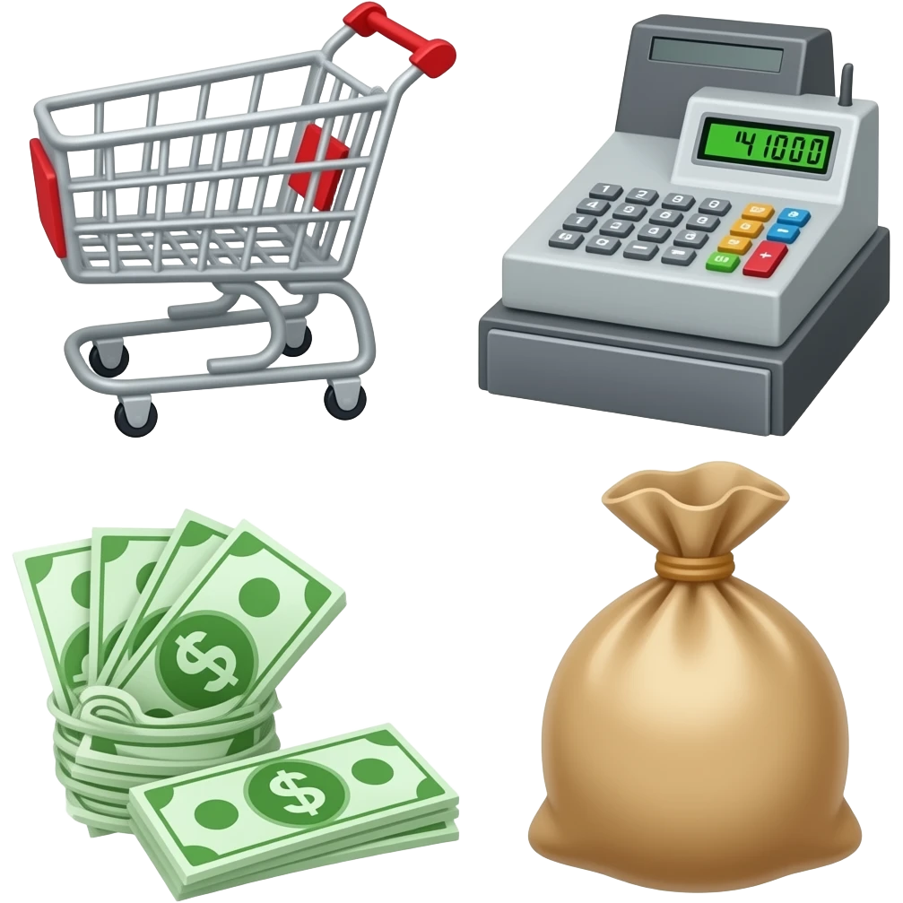 Shopping cart, cash register, money, and bag emoji