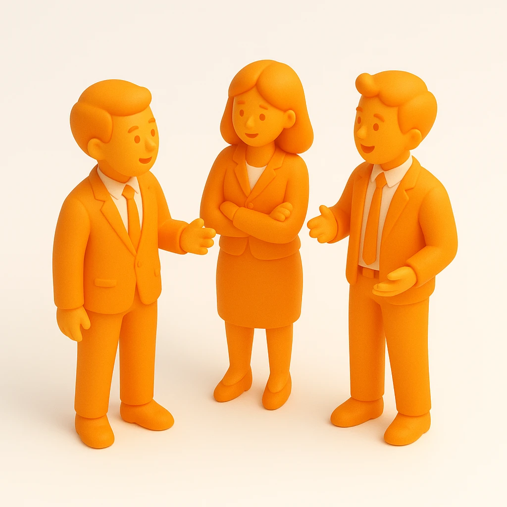 group of 3D orange style employees, male and female, standing together and chatting happily, in office attire emoji