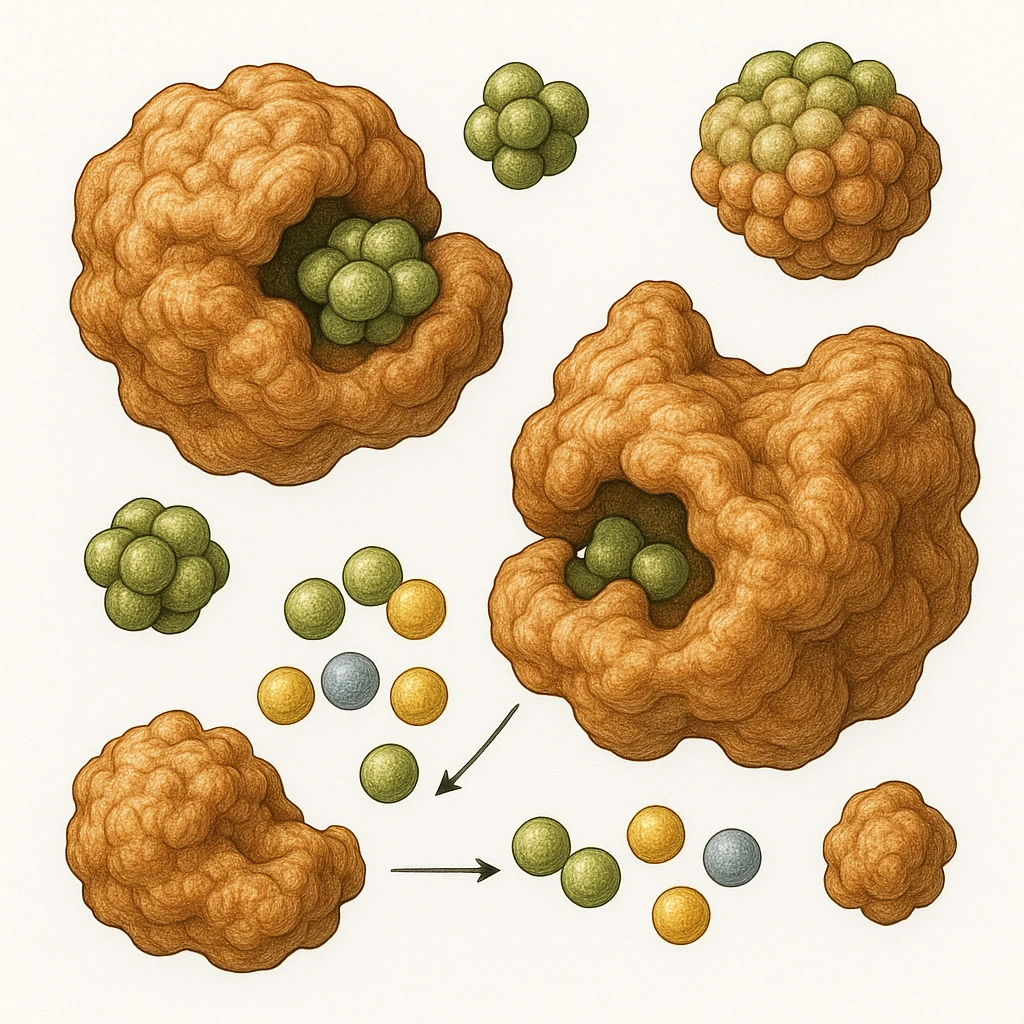 Ultra-detailed scientific illustration  (like in a school book) of enzyme digestion. Macro molecular view, clean white background, no text, no human figures or cartoon characters. Purely biological focus. emoji