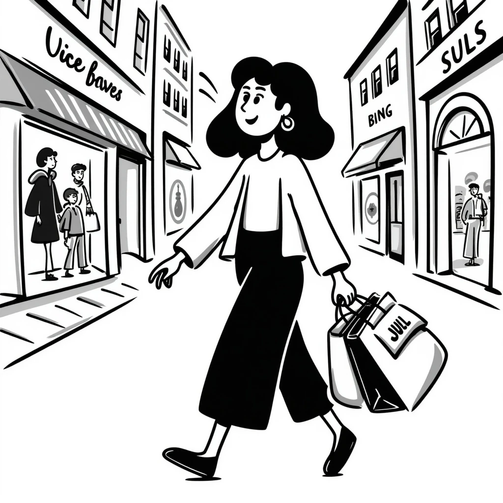 A young woman with a shopping bag, in a city street, vibrant colors, detailed background, shopping festival, niche brands, aesthetic lifestyle emoji