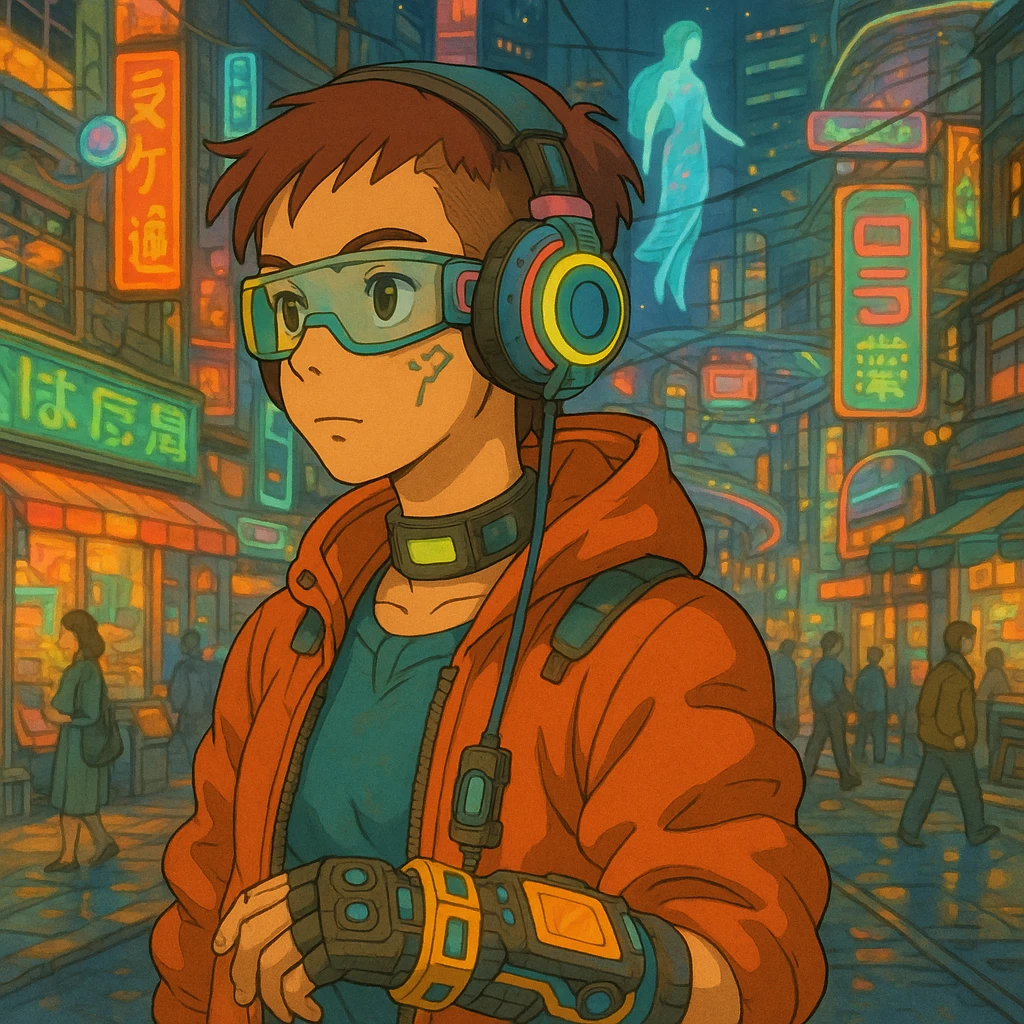 cyberpunk 2077 character in vibrant city with tech accessories, ghibli style emoji