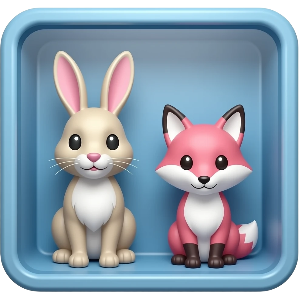 展柜里陈列兔子狐狸周边，要求现实、写实，以蓝色粉色为主 emoji