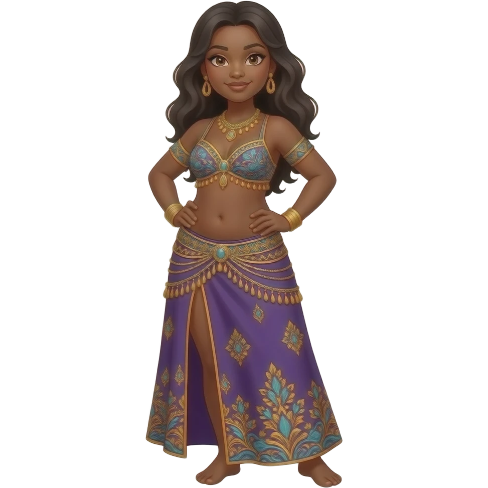 a belly dancer dark skinned, Rounded Belly, crop top, harem pants emoji