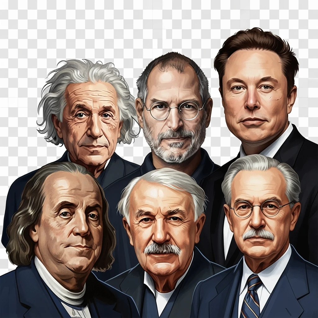 Generate in realistic style Franklin, Edison, Henry Ford in the first row, Einstein, Jobs and Musk in the second behind them. png on transparent background emoji