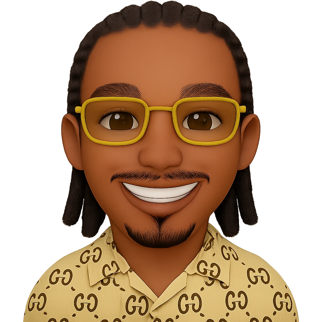 Keep the same parameters as the reference image: thin head, slightly lighter skin tone, beard only on the chin (no hair under the lower lip), mustache only above the upper lip, no hair under the lower lip, detailed black braided hair, golden rectangular sunglasses, beige top with GG pattern and visible collar, transparent background. Add a smile with visible white teeth. emoji