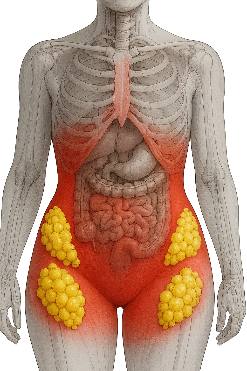 corpo umano anatomico con addome e fianchi segnati in rosso, grappoli di cellule adipose gialle su fianchi e addome emoji
