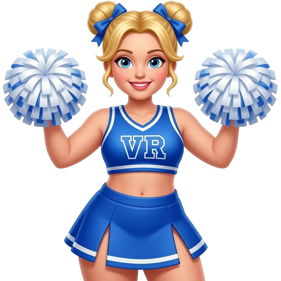 wide body cheeleader girl in vibrant blue outfit golden hairs face close up and two sided bun and poom poom in hands face close up and poom poom in hands face close up emoji