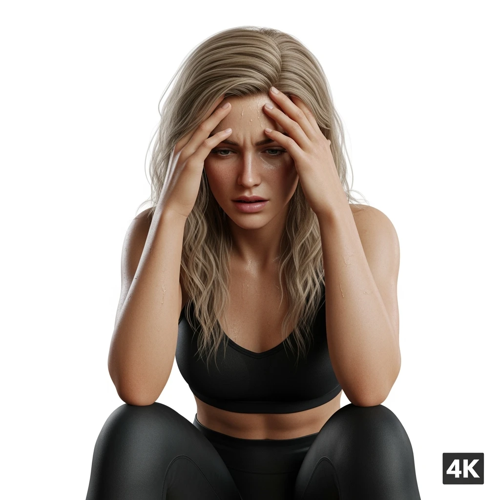 DONNA FITNESS STRESSATA CHE SI TIENE LE MANI SULLA FRONTE, IPERREALISTICA 4K, SENZA SFONDO emoji