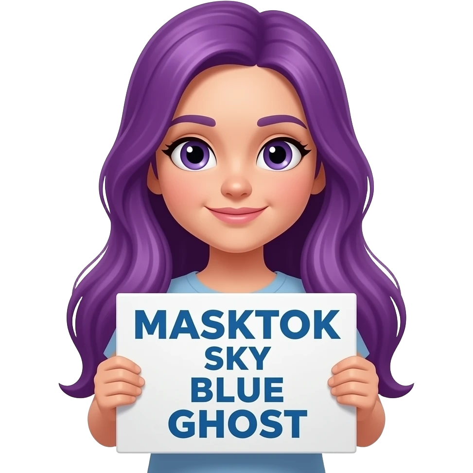 girl with long purple hair with a MASKTOK SKY BLUE GHOST sign emoji