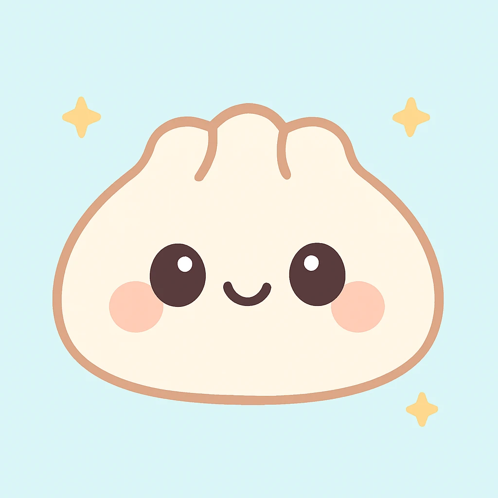 dumpling stylized as a kawaii character, blushing cheeks, big eyes, playful expression emoji