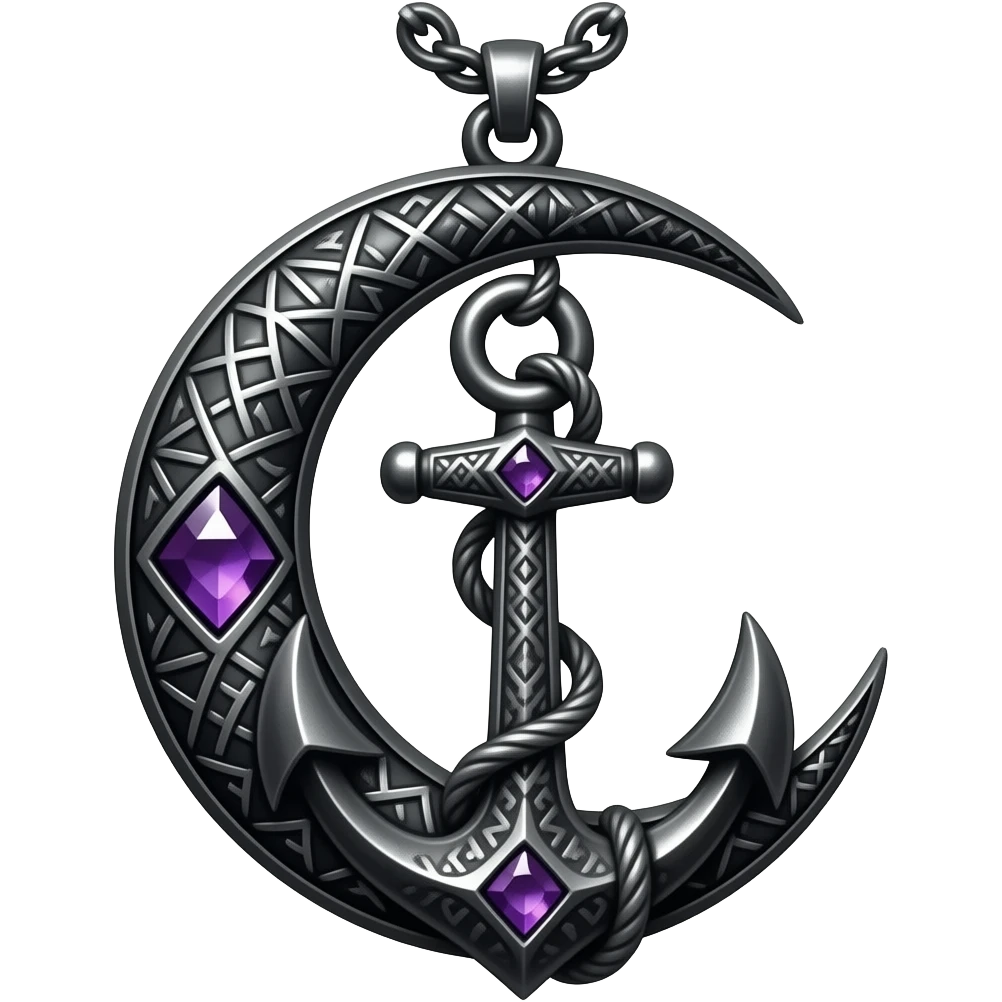 „blackened crescent‑moon and anchor pendant fused together, intricate runic engravings, small purple crystals, moonlight reflecting on metal, ethereal atmosphere, high detail, no characters“ emoji