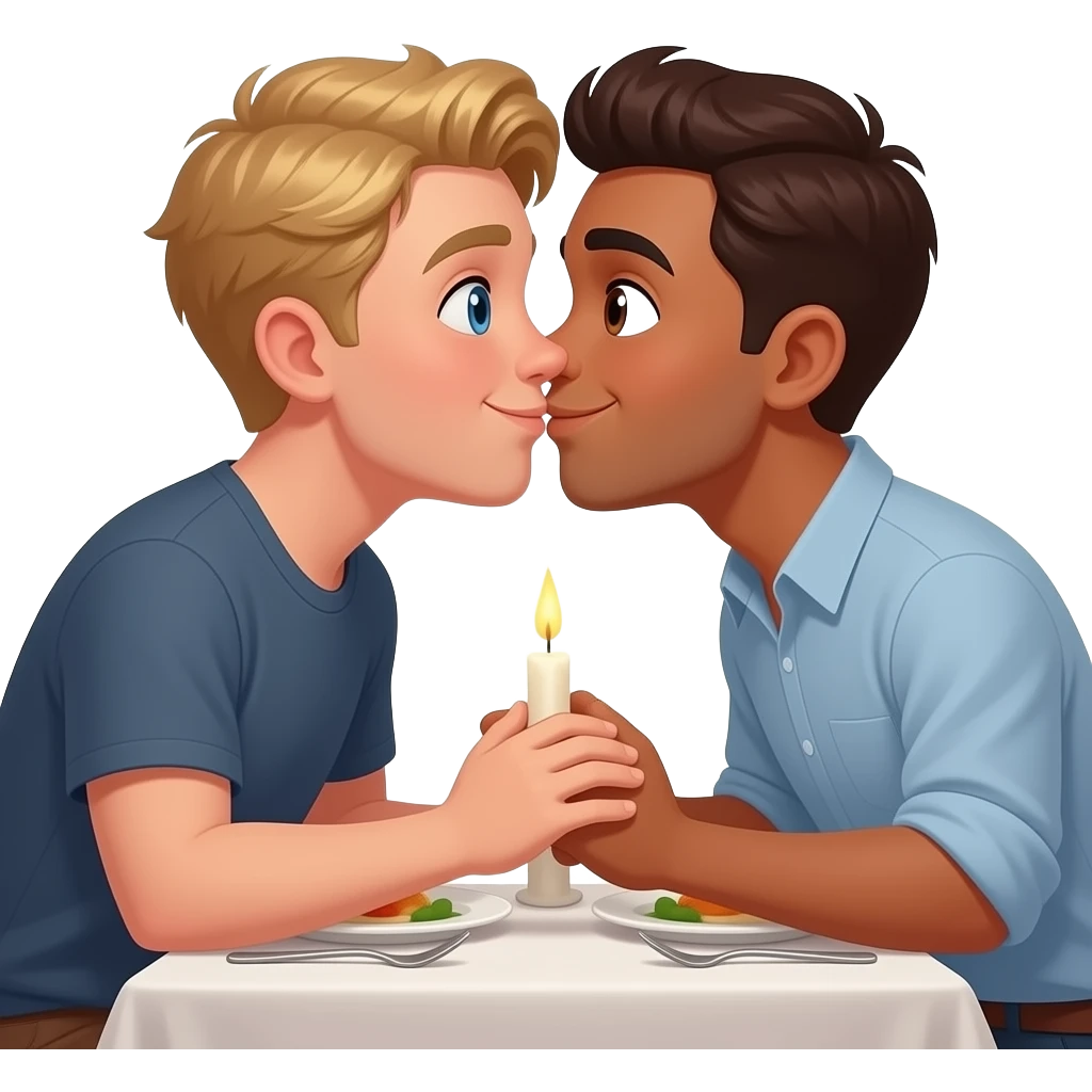 Make a young gay male teen couple kissing on a Date , one has light Skin with Blond Hair and Blue Eyes, the other one has slightly brown skin witz dark Brown Hair and Brown Eyes. They are on a date having dinner. They are kissing. emoji
