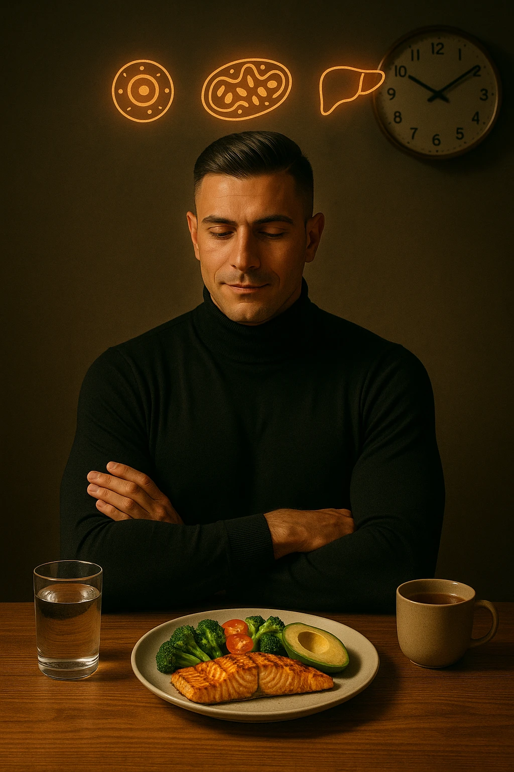 A realistic, cinematic illustration of a healthy, fit man in his early 30s with a calm, disciplined expression, sitting at a clean wooden table in the evening with a single, balanced, nutrient-dense meal in front of him (grilled salmon, colorful vegetables, avocado). The rest of the day he drinks only water and herbal tea, visible in a glass and a simple cup on the side. A wall clock in the background shows 6:00 PM, emphasizing that this is his only meal of the day (OMAD). Subtle glowing icons above him display a regenerating cell, mitochondria, and a liver symbol, representing autophagy, longevity, and health benefits of OMAD. The lighting is warm, with cinematic shadows and natural tones, creating a sense of discipline, mental clarity, and health optimization. The man looks centered and content, showing that OMAD is a conscious choice for energy and regeneration, not restrizione. The scene is realistic with slight film grain for depth emoji