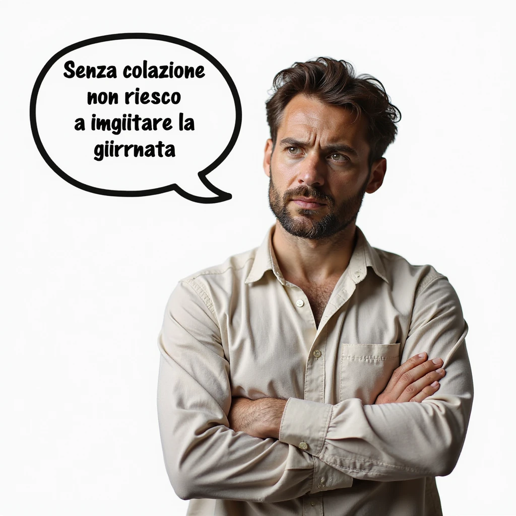 hyperrealistic 4K man isolated on white background, speech bubble saying 'Senza colazione non riesco a iniziare la giornata', convinced expression, realistic details, natural pose, variant 1 emoji
