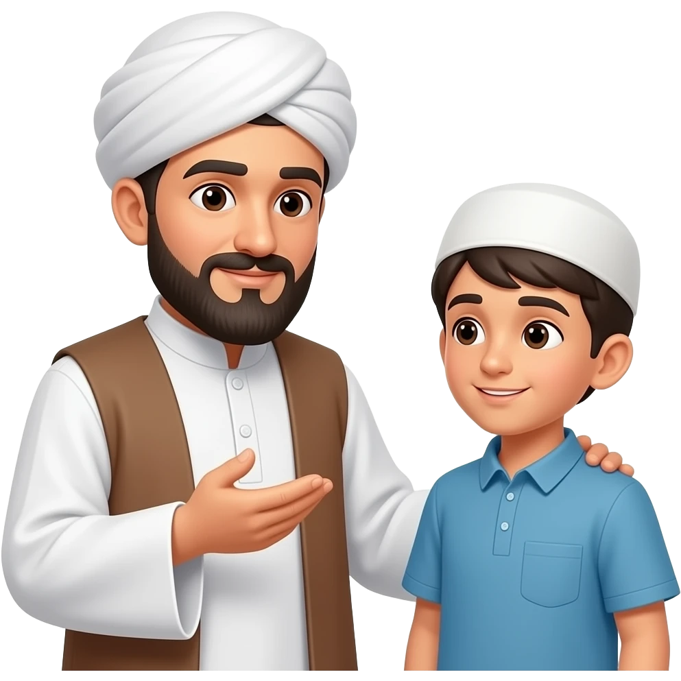 A realistic emoji-style scene of a traditional Muslim usthad teaching and answering a question about Islam to a student. The usthad wears a white robe and turban, with a calm, wise, and compassionate expression. emoji