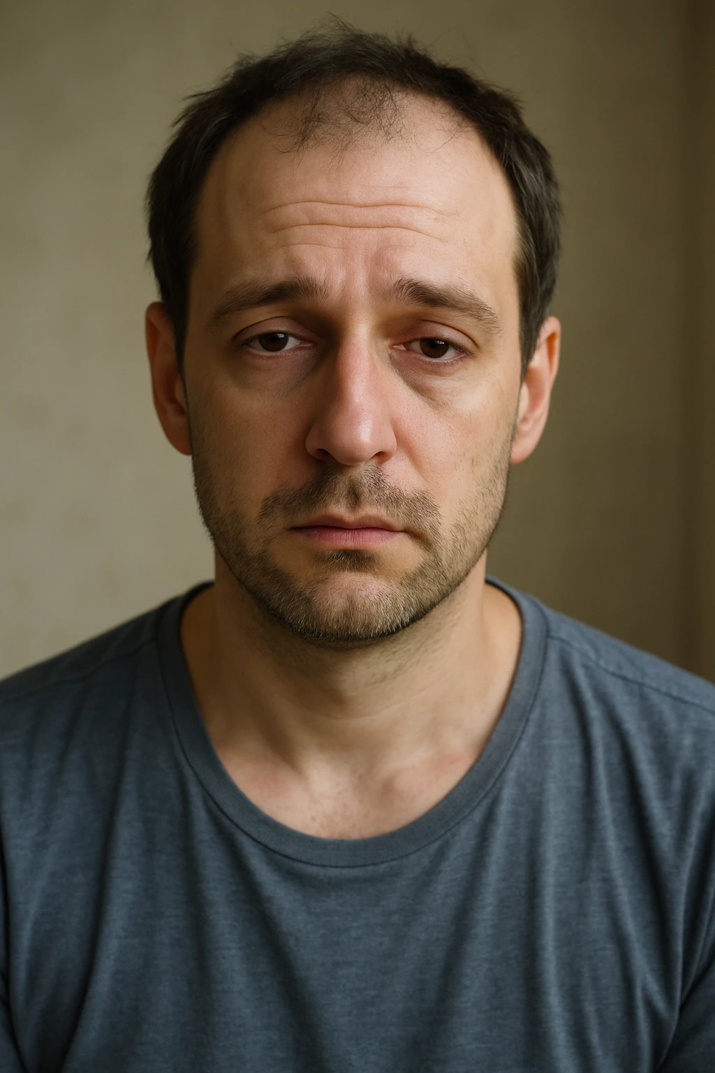 Un uomo caucasico di 35-45 anni, in CGI fotorealistico, che mostra i segni fisici ed emotivi di un basso livello di testosterone. emoji