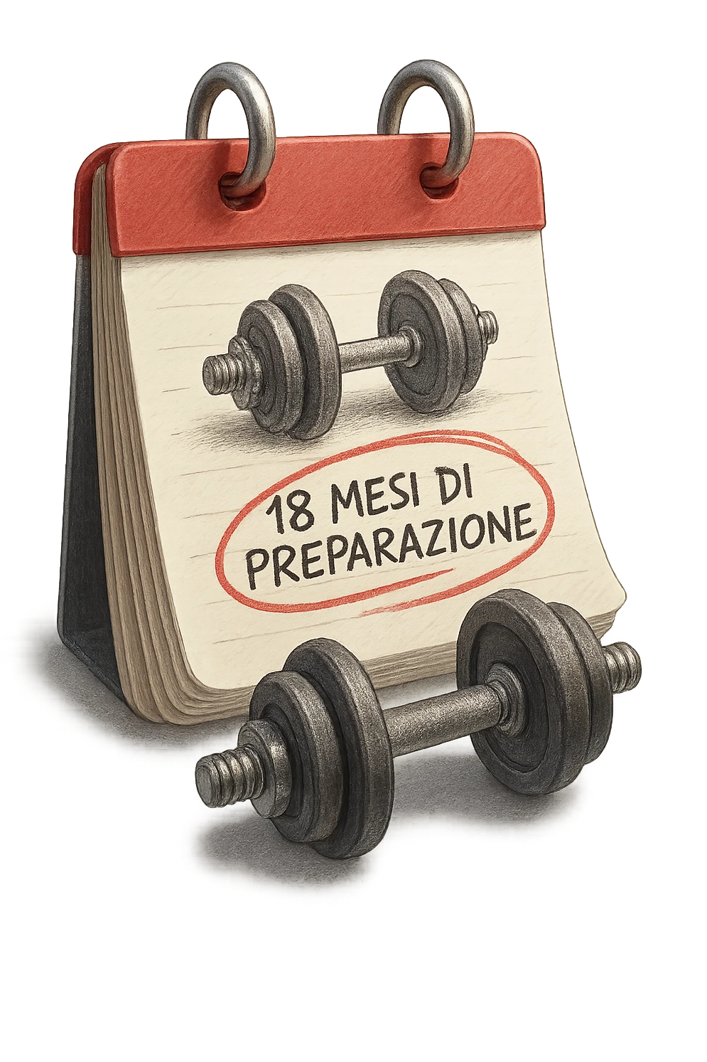 foglio di calendario con manubri da palestra disegnati e la scritta a penna "18 MESI DI PREPARAZIONE" CERCHIATA IN ROSSO, FALLO MOLTO REALISTICO IN 3D emoji