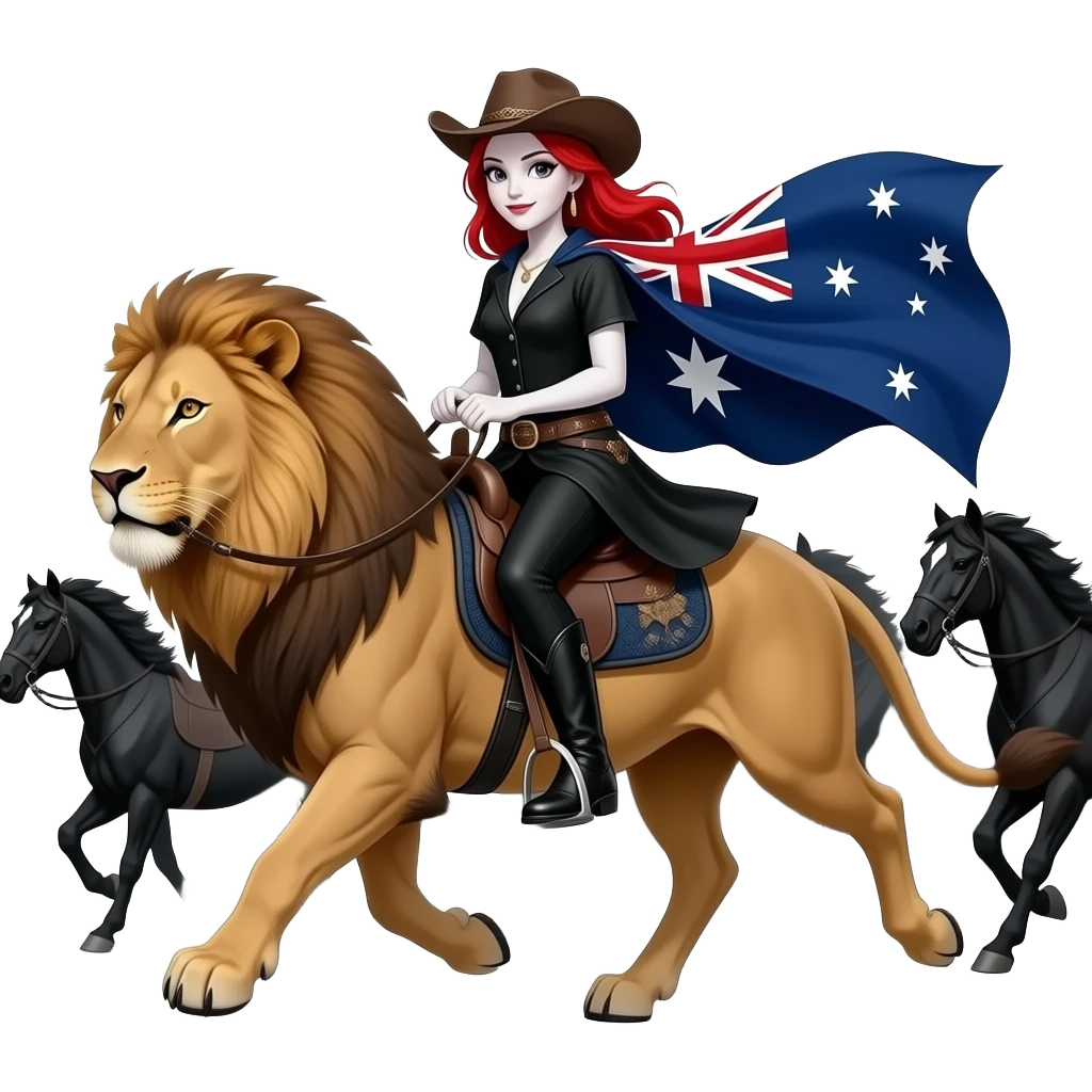 Vampiro femmina ADOLESCENTE con pelle bianca e capelli rossi  indossa dei leggins neri, gli stivali  neri un maglia LUNGA FINO ALLE GINOCCHIA con maniche corte con disegnata la bandiera della Australia e un cappello da cowboy che cavalca un leone insieme a un branco di cavalli neri che corrono emoji