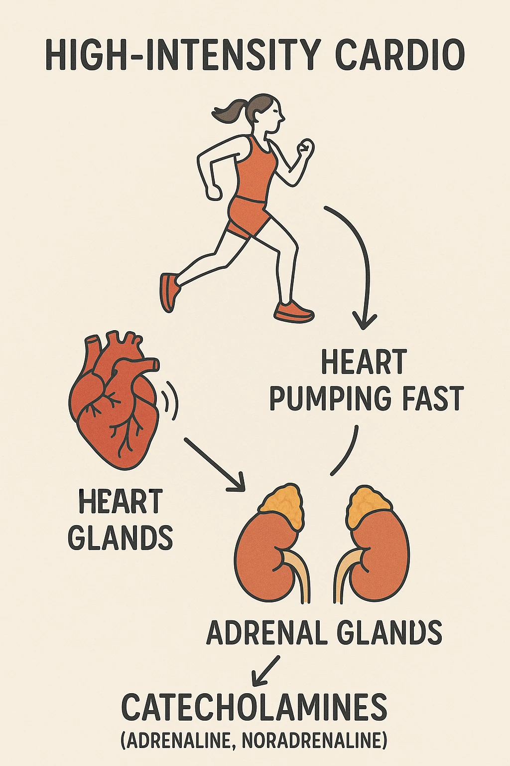fai uno schemino che mostra come il cardio ad alta intensità stimola le catecolamine emoji
