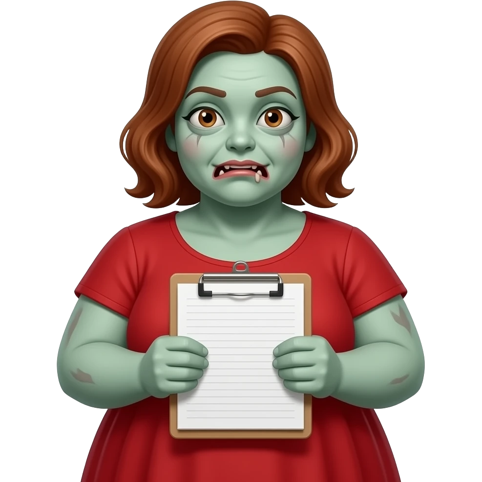 fat zombie women in red dress holding Notepaper in two hands and showing emoji