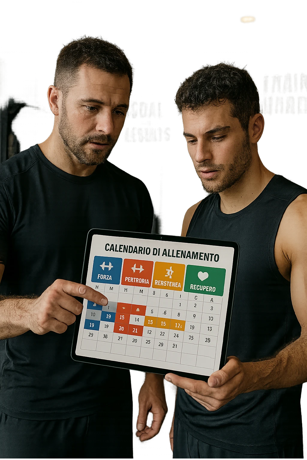 realistic cinematic photo a personal trainer and a client stand in a modern gym, reviewing a large, color-coded training calendar or chart on a tablet. The calendar shows different phases (strength, hypertrophy, endurance, recovery) with icons and dates. Around them, gym equipment and motivational posters reinforce the idea of structured, periodized training. in italiano emoji