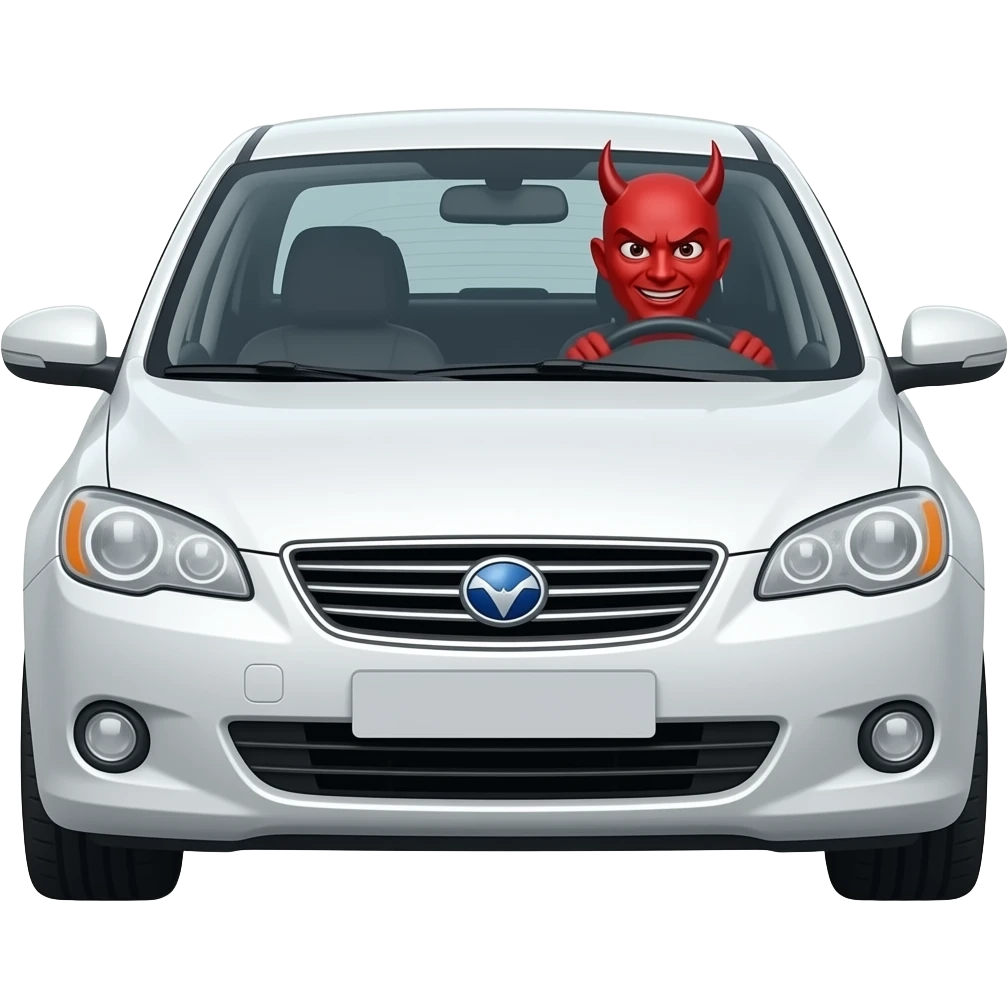 white car driver with a demon head emoji