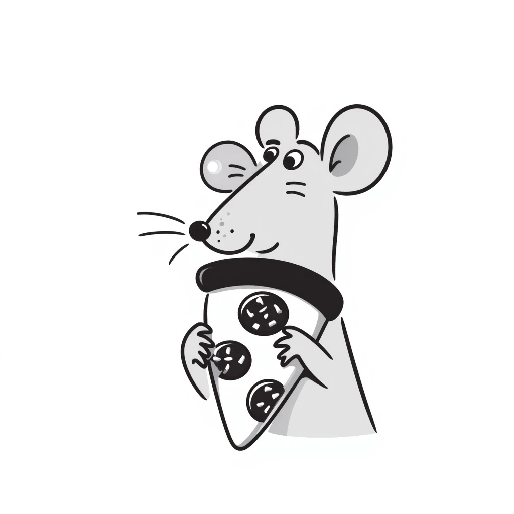 hand-drawn doodle of a grey rat with pepperoni pizza emoji