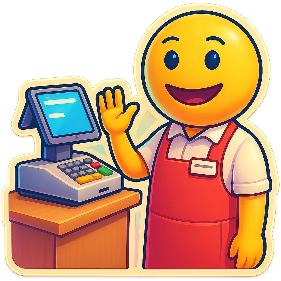 3D smiley emoji, round shape, store clerk wearing colorful apron, name tag, cash register, smiling and friendly expression, specifically helpful mood, transparent background emoji