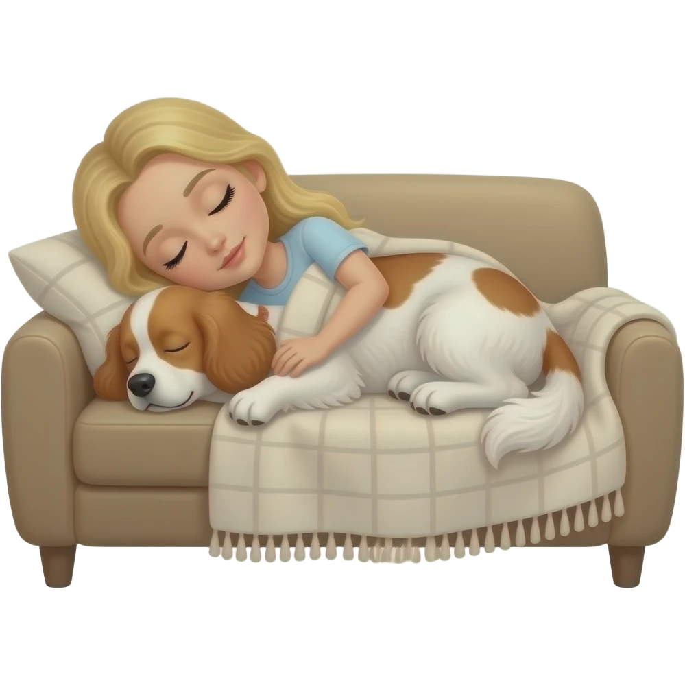 White woman with Long blond hair sleeping on sofa covered with blanket with a sleeping White/red cockerspaniel emoji