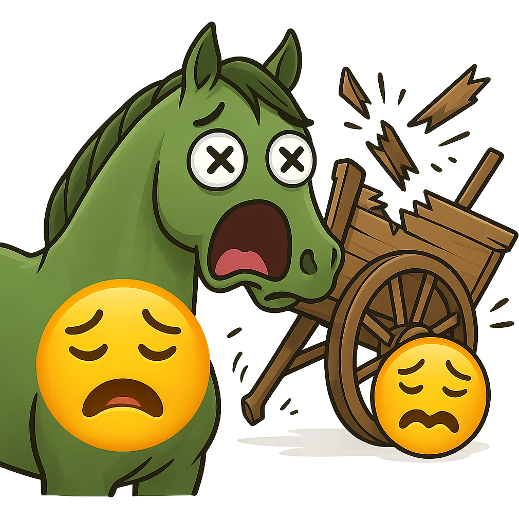 Make the horse cart look broken and add funny, exaggerated emoji expressions to the horse and cart. Keep the style consistent. The style is emoji style. Keep the background transparent. emoji