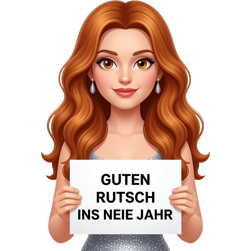sexy girl with long wavy ginger hair and ginger eyes wearing a new years eve dress is holding a white colored sign with GUTEN RUTSCH INS NEUE JAHR written on it emoji