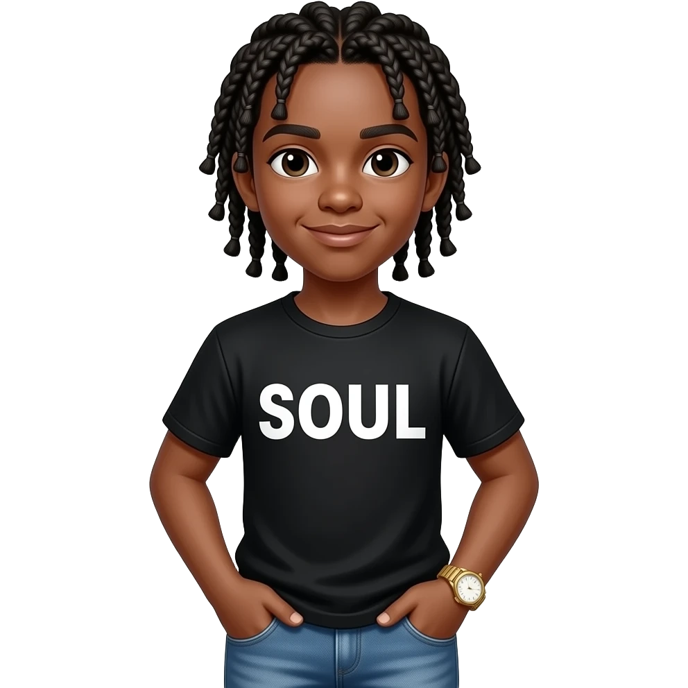 African American teenage boy with cornrow braids wearing a black shirt with the word soul on it in white capital letters wearing jeans wearing a gold watch emoji