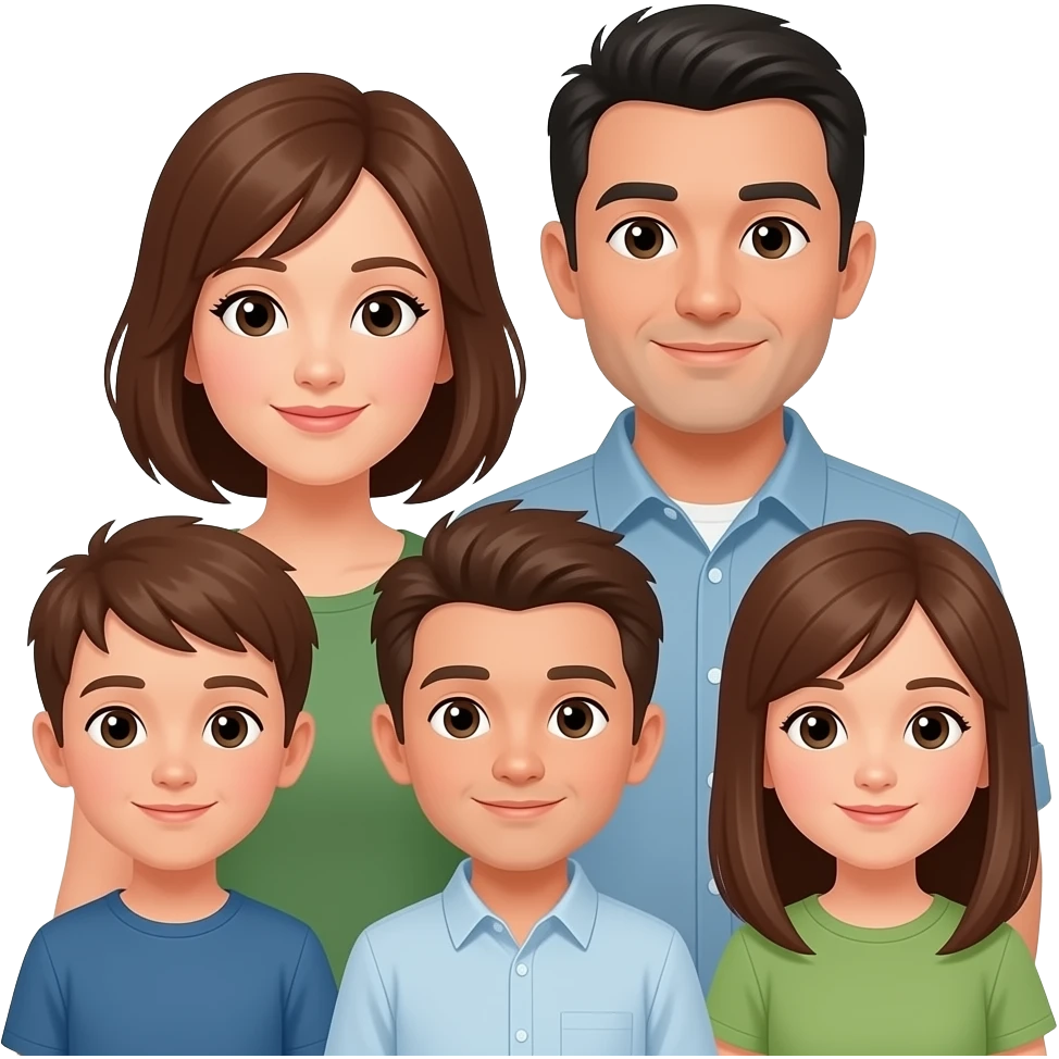 two white parents, one mother with brown hair one father with black hair, then three boys (2 30s age and 1 25) and a girl all with brown hair emoji