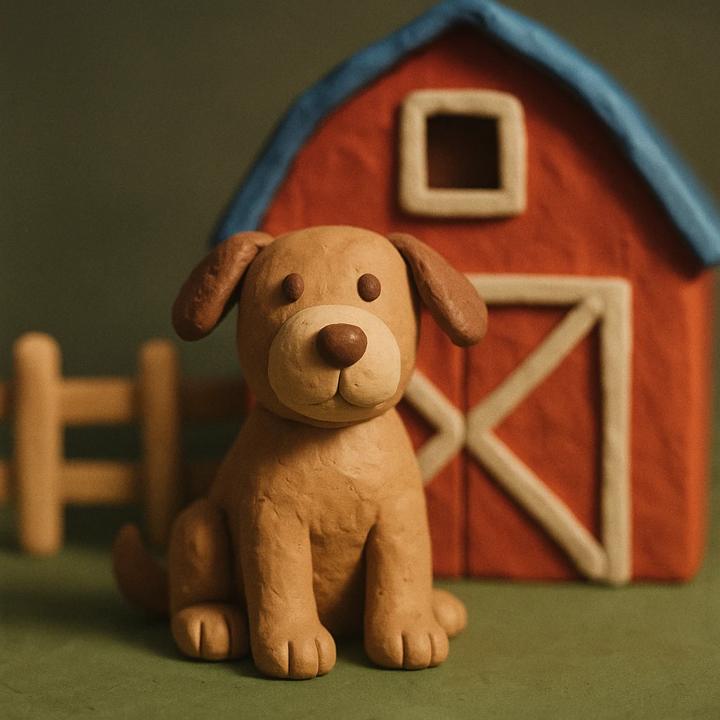 barn dog sitting in front of a red barn, visible fingerprints, matte plasticine look, claymation style emoji