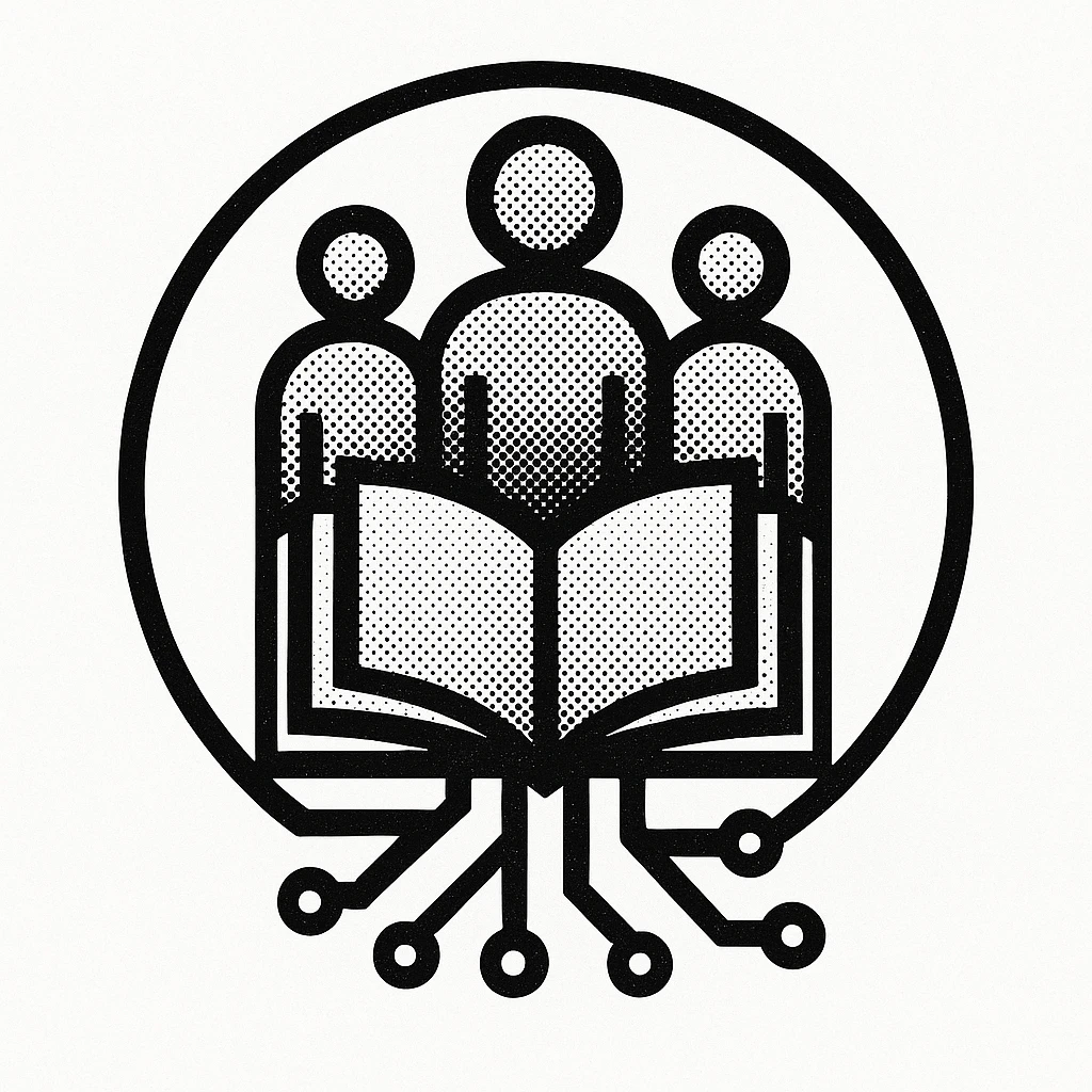 black-and-white art deco style logo symbolizing community, education, and tech, abstract human silhouettes, circuit motif, open book, circular geometric frame, no text emoji