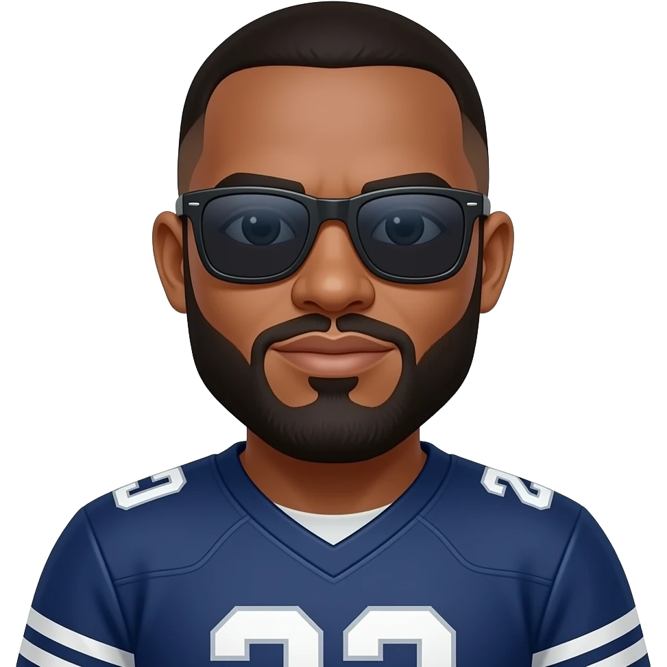 A bald black and a beard in shades with a football jersey emoji